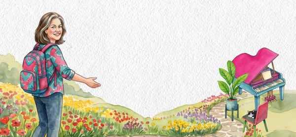A path through the flowers toward the piano