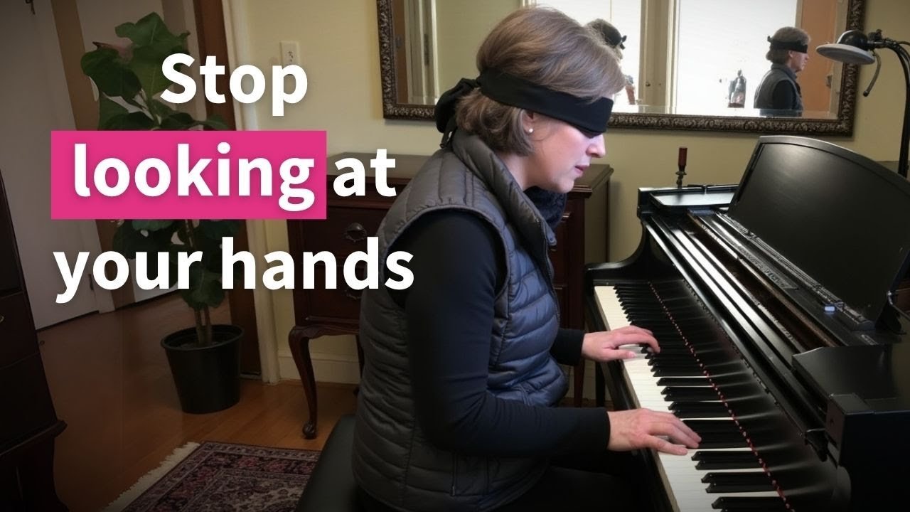Rebecca Bogart playing the piano blindfolded